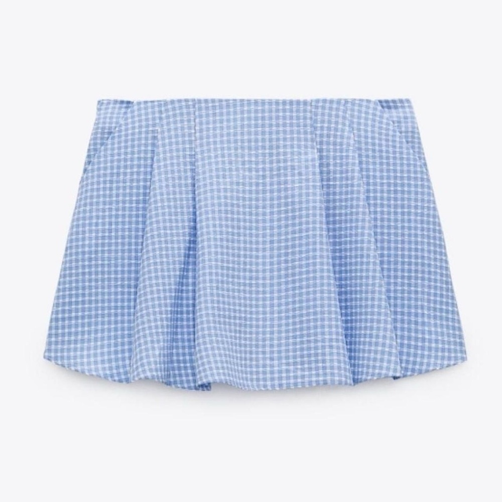 Zara Gingham Pleated Skort Skirt in Sky Blue - S